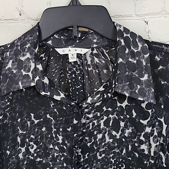 CAbi Sheer Blurred Dot Long Puff Sleeve Button Down Blouse Printed Oversized Top - Picture 4 of 11